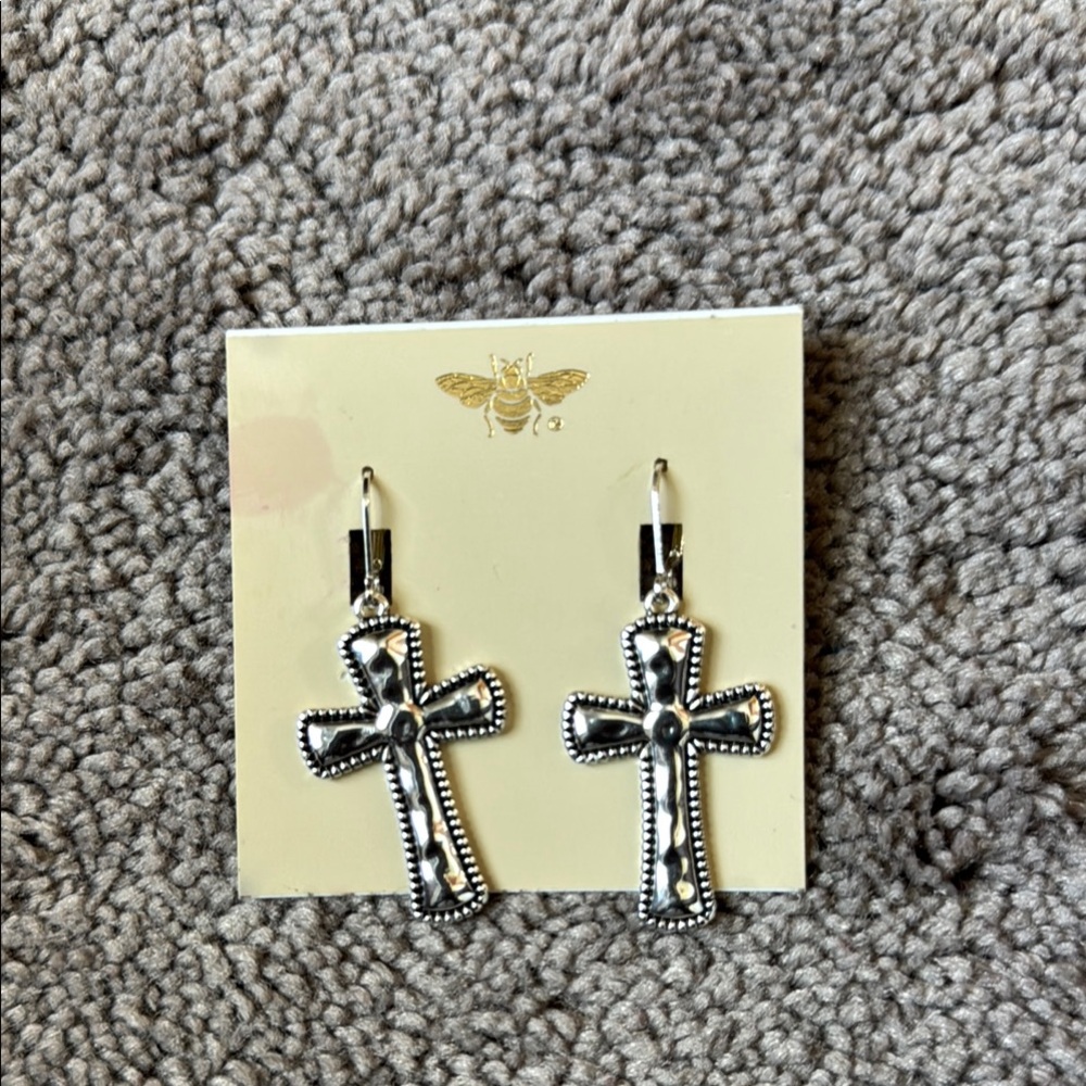 Silver Tone Hammered Antique Style Cross Dangle Drop Earrings